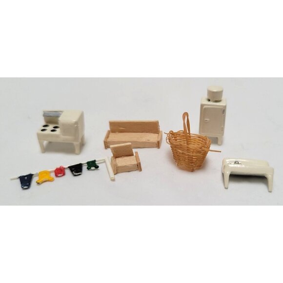 Vintage Lot of 7 Miniature Dollhouse Furniture Sofa Basket Clothesline More - Picture 1 of 3